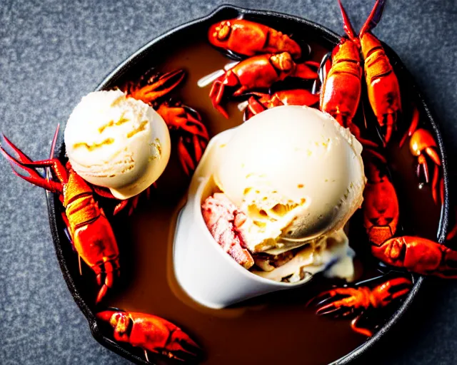 Image similar to dslr food photograph of vanilla ice cream with crawfish, some chocolate sauce, 8 5 mm f 1. 4