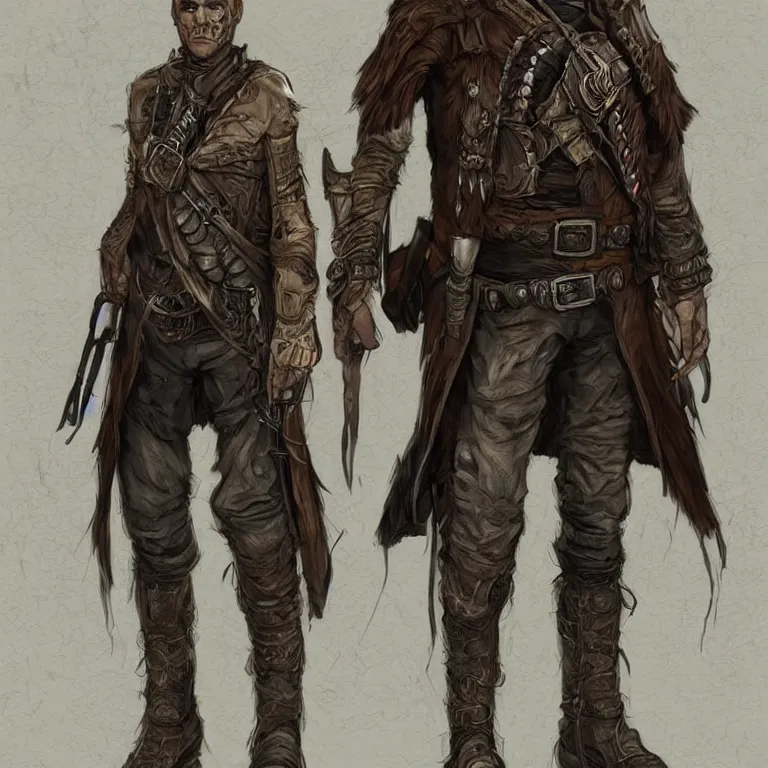 Prompt: full body+ face concept art of a post-apocalyptic sheriff marshal in the style of high fantasy art in the style of Wild west art trending on artstation deviantart Pinterest detailed realistic High Resolution HD 8k