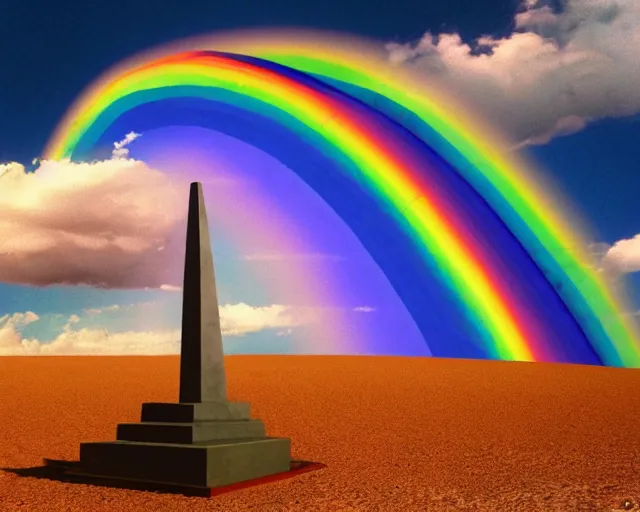 Image similar to isometric 3 d surrealist rainbow above a non - euclidean pagan monument in a desert, frequencies divided as sacred geometry 3 d shapes, very surreal, by dali