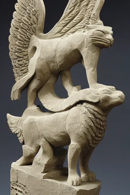 Image similar to a stone sculpture of a winged panther sitting on a pedestal with intricate carvings and fine detail