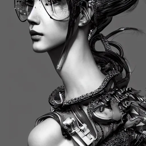 Prompt: the portrait of an absurdly beautiful, graceful, elegant, sophisticated, fashionable cyberpunk gravure idol, an ultrafine hyperdetailed illustration by kim jung gi, irakli nadar, intricate linework, bright colors, porcelain skin, unreal engine 5 highly rendered, fashion photography, global illumination, radiant light, detailed and intricate environment