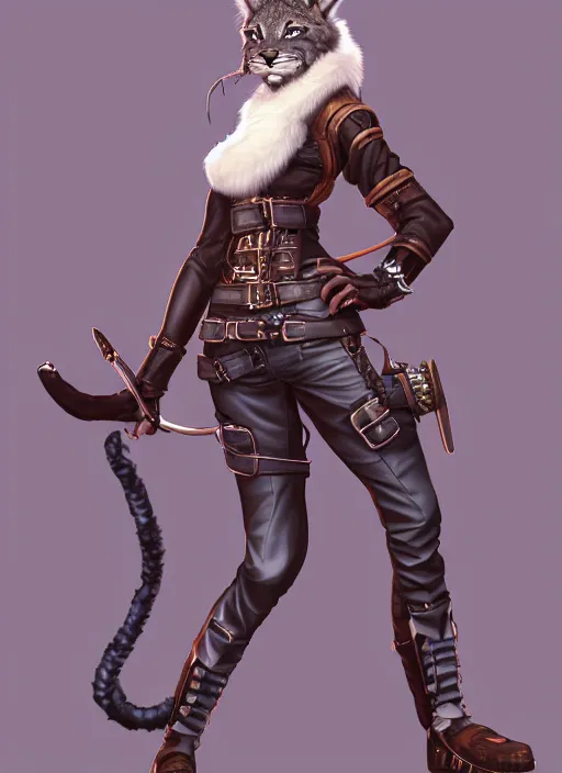 Prompt: wide angle beautiful full body portrait of a strong female anthropomorphic anthro lynx fursona wearing a steampunk leather pants. from behind, character design by disney, anime, manga, charlie bowater, ross tran, artgerm, and makoto shinkai, detailed, soft lighting, rendered in octane, white fur