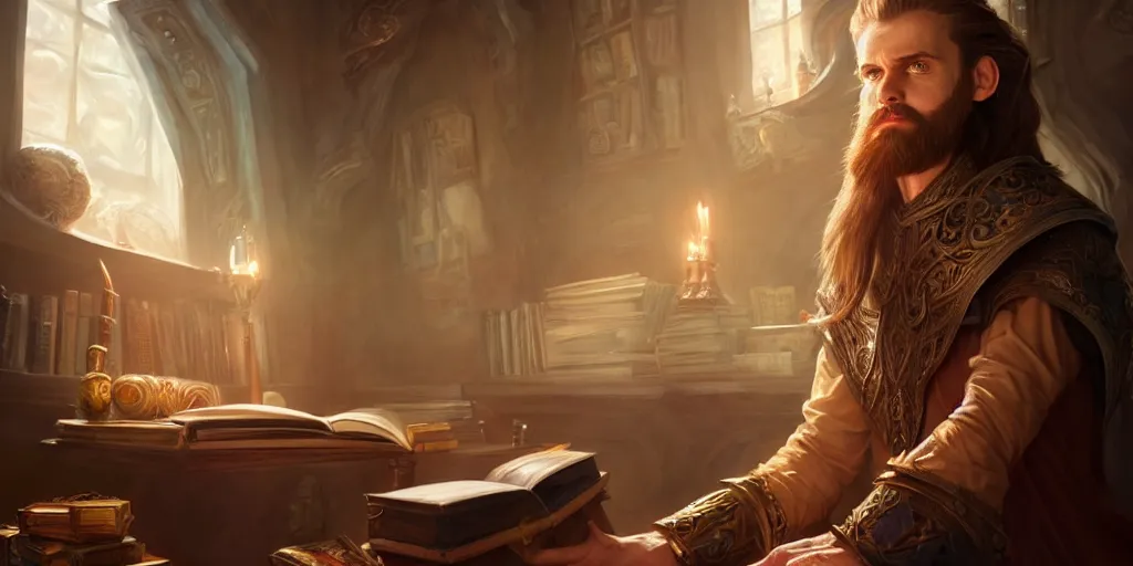 Prompt: a handsome white male sorcerer in his library, the room filled with colorful magic, hands not shown, brown hair, beard, epic composition, waist up, trending on artstation, concept art, very detailed, hd, character design by stanton feng
