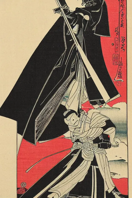 Image similar to Japanese woodblock print of Darth Vader holding a samurai sword , cherry blossom, Hokusai