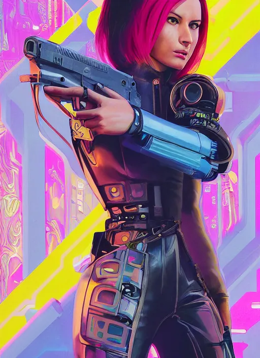 Image similar to beautiful cyberpunk female athlete wearing pink jumpsuit and yellow jacket. firing a futuristic red automatic pistol with huge magazine. ad for pistol. cyberpunk poster by james gurney, azamat khairov, and alphonso mucha. artstationhq. gorgeous face. painting with vivid color, cell shading. ( rb 6 s, cyberpunk 2 0 7 7 )