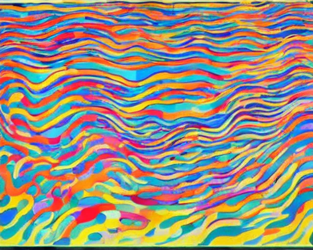 Image similar to Ocean waves in a psychedelic dream world. Edvard Munch. David Hockney. Takashi Murakami. Minimalist.