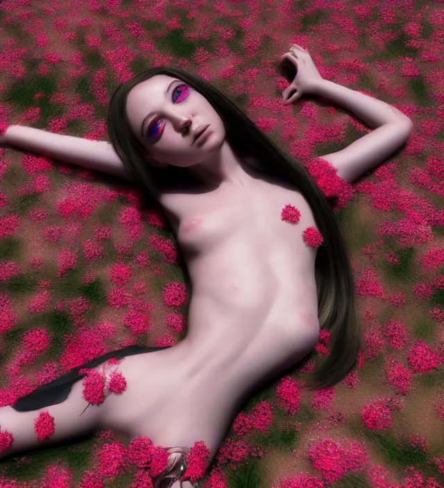 Image similar to baroque portrait of a female android berserker designed by vitaly bulgarov who is lying down in a river made of thousand of flowers, photorealistic, octane render, 8 k, depth of field