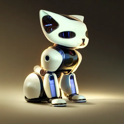 Image similar to product photo of a futuristic stylized pet robot, kitten puppy teddy mix, super cute robot face, big eyes small mouth, large ears, large tail, by artgerm and greg rutkowski and marc newson, alphonse mucha, zaha hadid, side view, volumetric light, detailed, octane render, midsommar - t