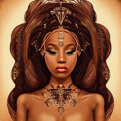 Prompt: vintage portrait of modern mermaid queen, zoom, rule of thirds, atmosphere, intricate, regal, latinas, ( brown skin ), symmetrical!!, loreal, maybelline, sephora, loreal, artstation, art by michael william kaluta, ( ( cinematic ) ) concept art, filmic, vsco