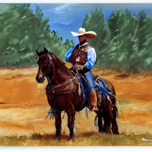 Prompt: a painting of a cowboy on horseback by mark maggiori
