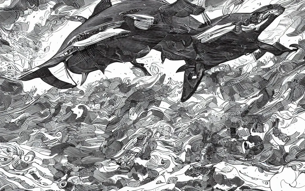 Prompt: very detailed, prophet graphic novel, ilya kuvshinov, mcbess, rutkowski, simon roy, illustration of a biomechanical flying whale, colorful, cinematic composition, studio lighting