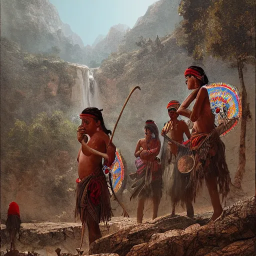 Image similar to splash painting, of tarahumara men and women from the mountains of northern mexico, greg rutkowski, hyperrealist, cinema 4 d, psychedelic, digital art