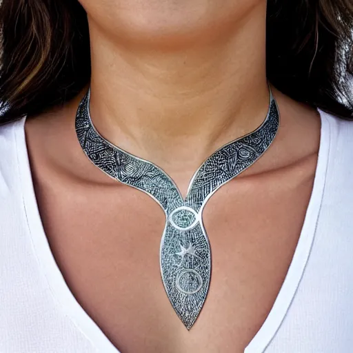 Image similar to amulet of wave inlaid in silver on a young beautiful woman neck, hyper realistic,