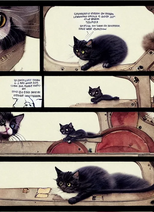 Prompt: a hyper realistic ink cat in a spaaceship 6 panel comic by chiara bautista and norman rockwell and greg rutkowski weta studio, and lucasfilm