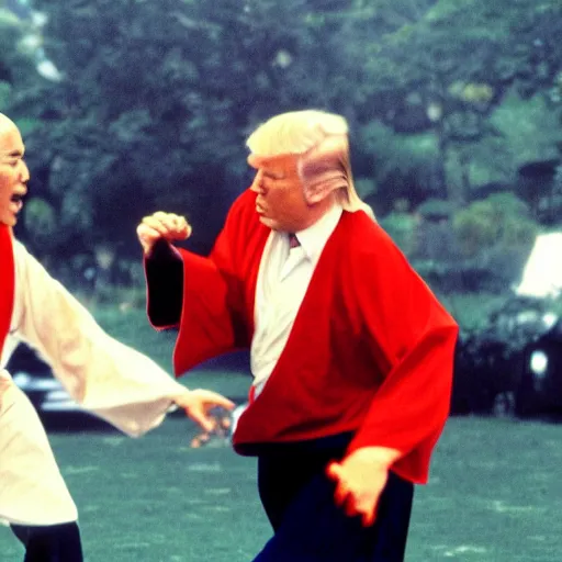 Image similar to Donald Trump versus Obama, kung fu fight, film still from the 36th Chamber of Shaolin