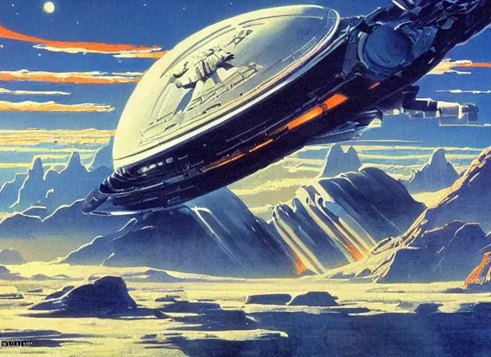 Prompt: a spaceship in a stunning landscape by robert mccall