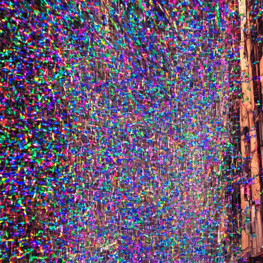 Image similar to a few thin streams of microscopic multi-colored glitter twist and twirl in a light breeze above the narrow streets of a cyberpunk city