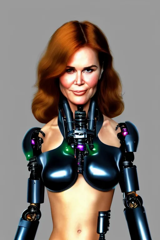 Image similar to mix of beautiful young maria shriver, mariel hemmingway, brooke shields, nicole kidman and elle macpherson as a cyborg terminator, thin lips, hair tied up in a pony tail, dark blonde hair, colorful, artstation, cgsociety