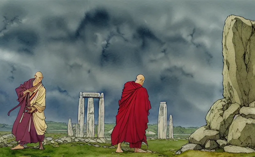 Image similar to a hyperrealist anime watercolor fantasy concept art of a giant monk with a big forehead and a small druid with a grey robe in stonehenge on a misty night. in the background several immense stones are floating in the air. by rebecca guay, michael kaluta, charles vess