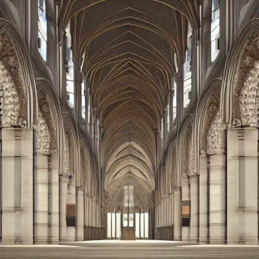 Image similar to a cathedral for the god of symmetry, inside view, giant hall, floor is a mirror, highly detailed, photorealistic Octane render, dramatic