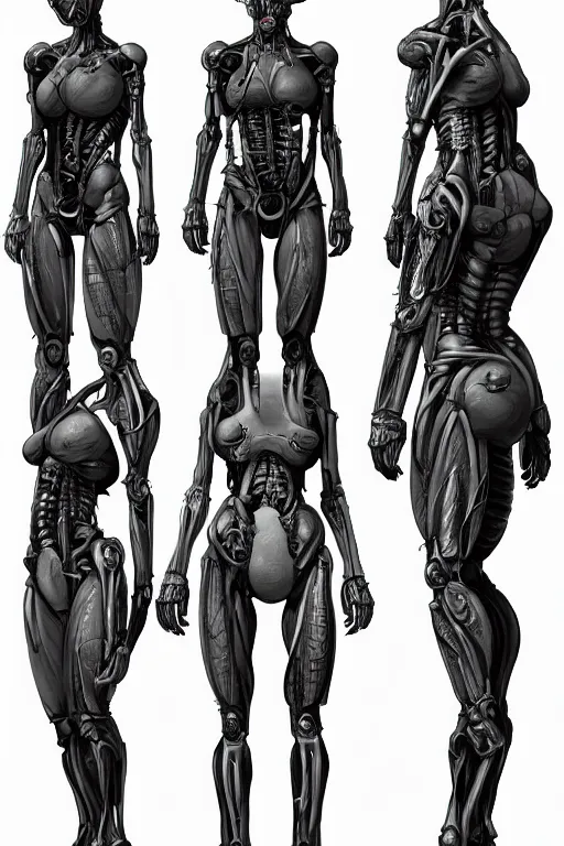 Image similar to cyclops!! cyborg female with gunmetal grey skin, medical anatomy, cyberpunk face, highly detailed, japanese, mecha asthetic, mechanical implants, three - perspective / three - view reference sheet ( front / back / side ), in the style of dan ouellette, dren from splice, hr giger, sil from species, artstation, unreal engine