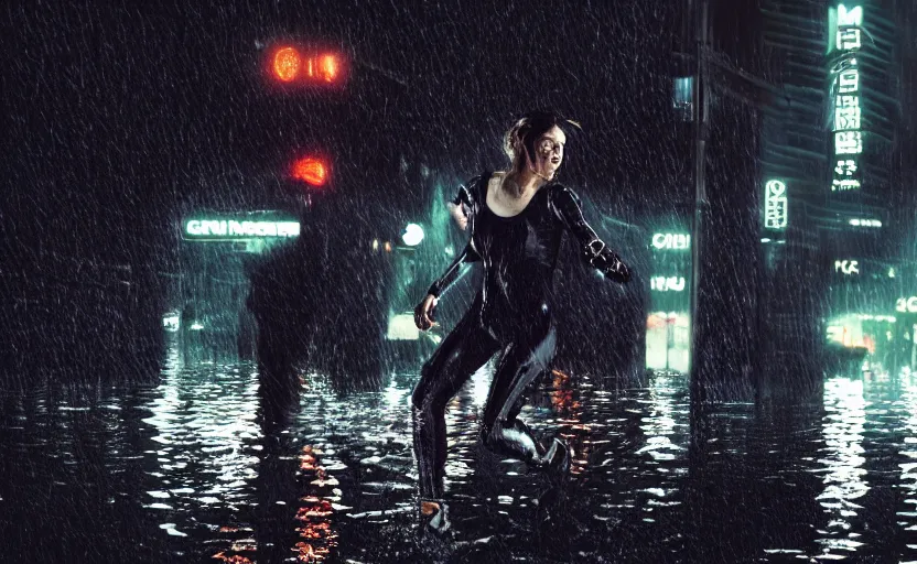 Image similar to cinestill 5 0 d candid photographic portrait by stanley kubrick of female androids sprinting sobbing wearing rugged black mesh techwear in treacherous waters, flooded city, closeup, retrofuturism cyberpunk moody emotional cinematic, pouring iridescent rain bright spotlight helicopter, 8 k, hd, high resolution, 3 5 mm, f / 3 2 motion blur, ultra realistic faces, ex machina