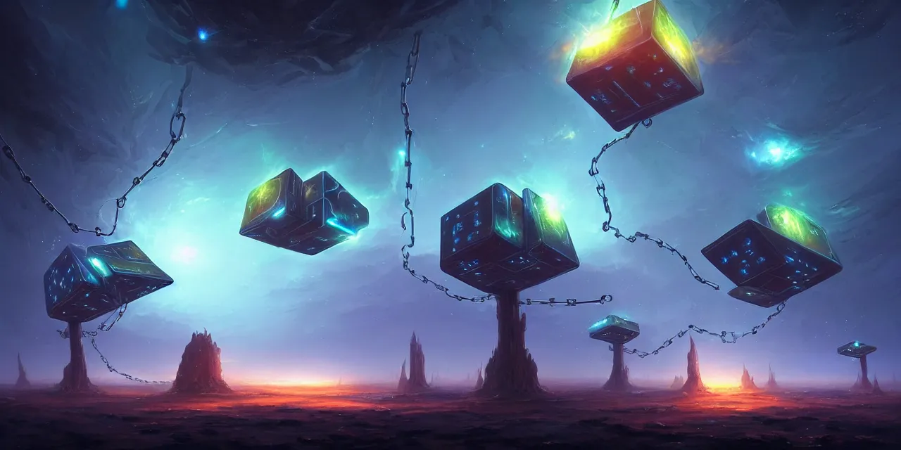 Image similar to a fleet of giant glowing futuristic cubes tied to each other with chains in the sky, a fantasy magical landscape seen in the distance, atmospheric lighting, intricate, volumetric lighting, beautiful, sharp focus, ultra detailed, in the art style of marc simonetti, bowater charlie and brom gerald, astrophotography