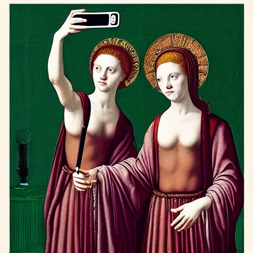 Image similar to gemini twins taking a selfie in greek ancient society hyperrealism, 8 k cinematic in jan van eyck screen print style