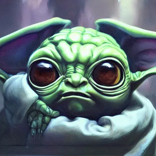 Prompt: detailed painting of a cute baby yoda that looks like a xenomorph, in the style of h r giger and wayne barlowe