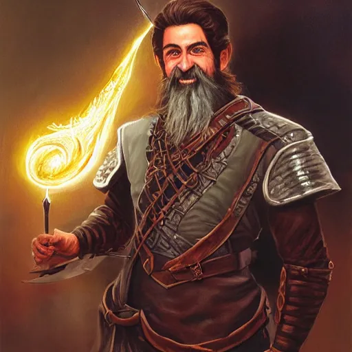 Image similar to beautiful portrait painting of a very short and small male halfing bard with brown hair with some grey hairs, full beard, ridiculous smile, from pathfinder, evil smirk, narcissist, self centered, casting fireball, painted by larry elmore, wayne reynolds, greg rutkowski, magic the gathering, dungeons and dragons, dishonored 2