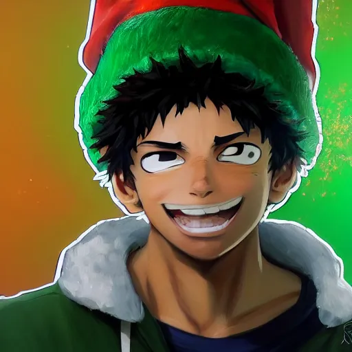 Prompt: an oil painting of a izuku midoriya wearing a hip - hop rap christmas hat, by artgerm, hd, hdr, ue 5, ue 6, unreal engine 5, realistic anime 3 d style, cinematic 4 k wallpaper, 8 k, ultra detailed, gta cover art, high resolution, artstation, award winning