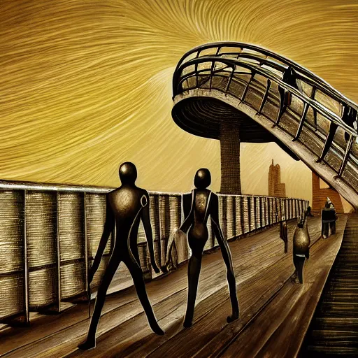 Image similar to a couple of humans walking across a metallic bridge, h. r. giger digital painting