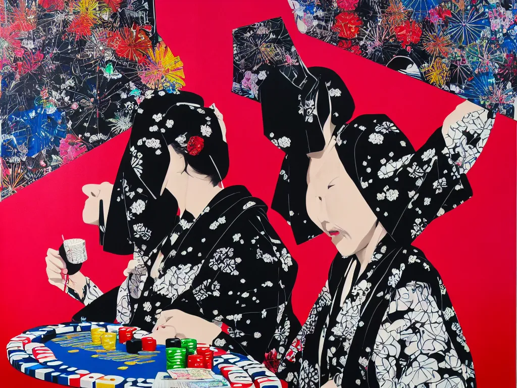 Image similar to hyperrealism composition of the detailed woman in a japanese kimono sitting at an extremely detailed poker table with darth vader, fireworks on the background, pop - art style, jacky tsai style, andy warhol style, acrylic on canvas