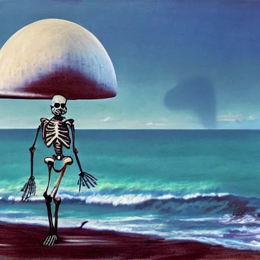 Image similar to a skeleton walking on a beach next to the ocean with nuclear bomb explosion in the background, a surrealist painting by Storm Thorgerson, featured on cg society, matte painting, naturalism, chillwave, anatomically correct