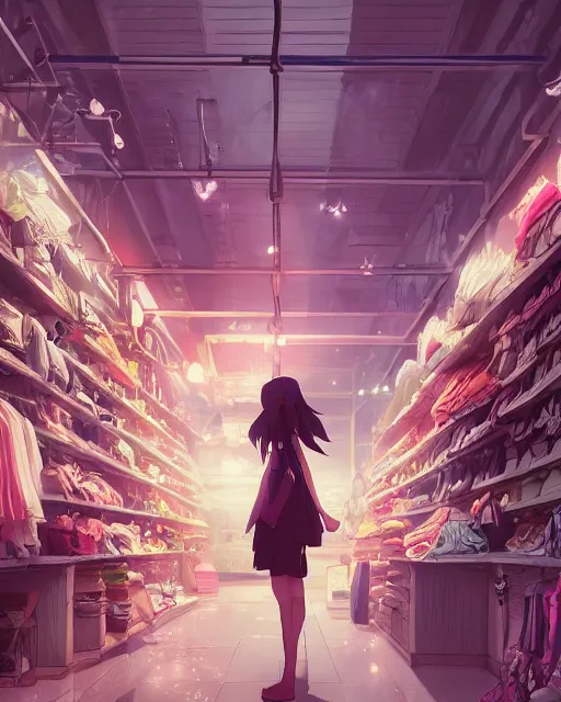 Image similar to a girl shopping for clothes, full shot, atmospheric lighting, detailed face, by makoto shinkai, stanley artger m lau, wlop, rossdraws, james jean, andrei riabovitchev, marc simonetti, krenz c