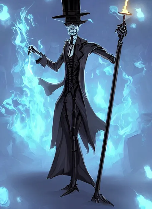 Image similar to DND character concept, Tall skeletal figure, wearing a deep black suit!!! and tie and top hat, holding a golden cane. Surrounded by light blue!!! flames!!