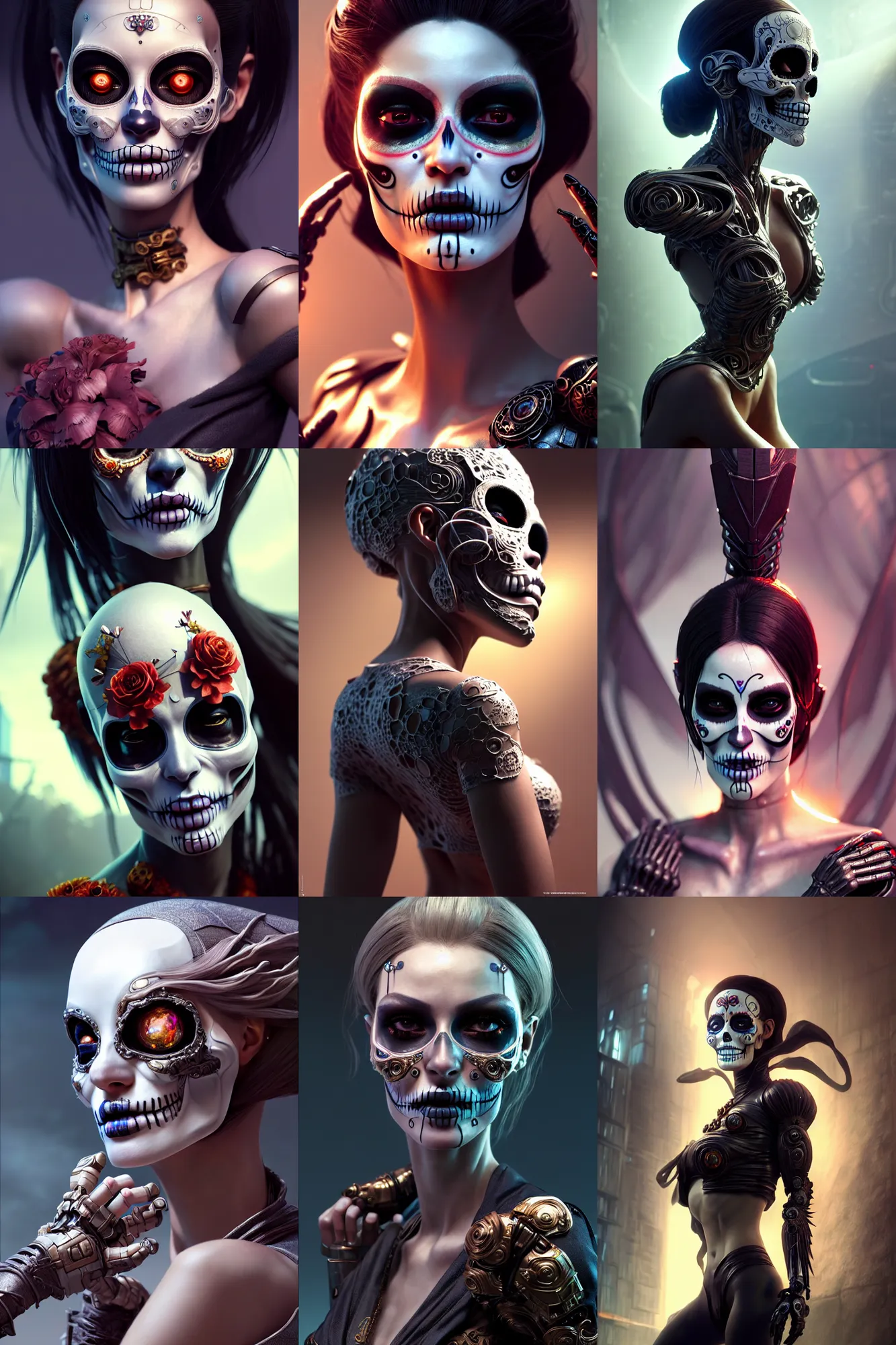 Prompt: crying! android! woman, octane render, fantasy, concept art, pose, photorealistic, cover shot, intricate detailed environment. vogue, ( ( ( el dia los muertos ) ) ), 8 k, hd. by terry o'neill and artgerm and wlop and loish and kuciara and rutkowski and mucha