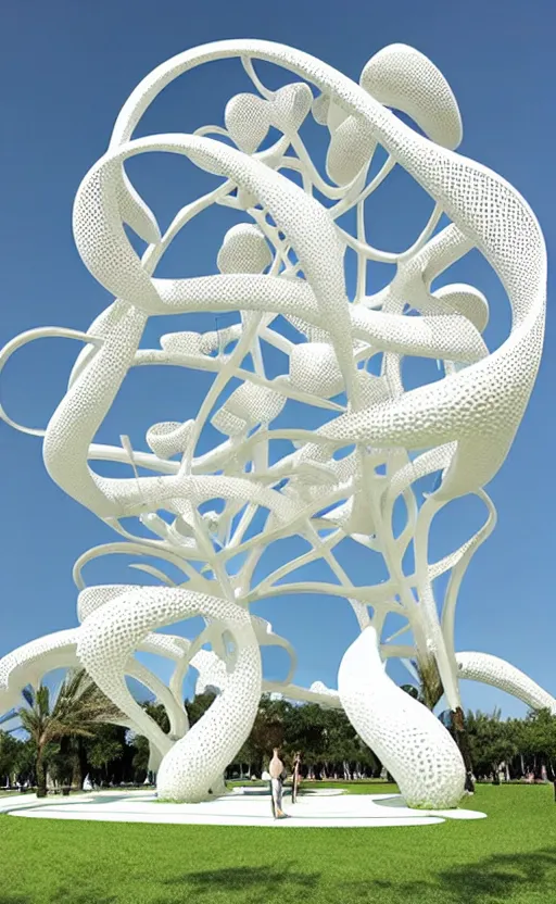 Image similar to elegant white art 3 d printed parametric installation with playful surreal tall lemon groves, urban playground, fluidity, vincent callebaut, mamou - mani, voronoi pavilion with huge white magnolias above