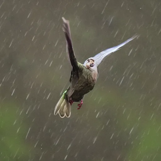 Image similar to gollum - faced bird flying in rain