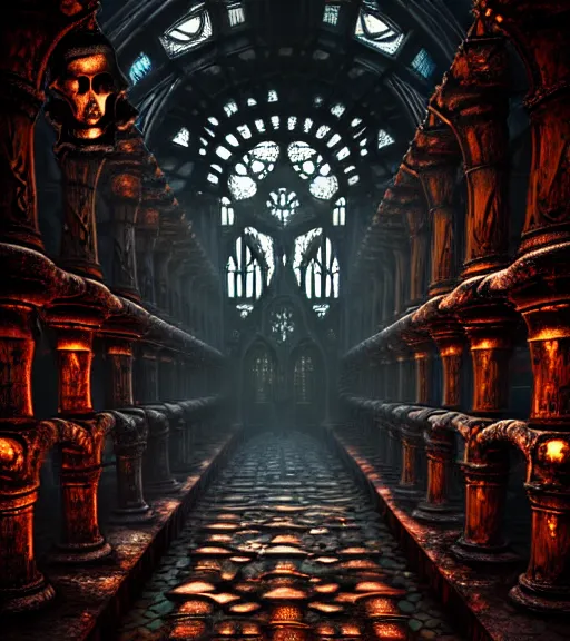 Image similar to steam necropolis, memento mori, gothic, neo - gothic, art nouveau, hyperdetailed copper patina medieval icon, stefan morrell, philippe druillet, ralph mcquarrie, concept art, steampunk, unreal engine, detailed intricate environment, octane render, moody atmospherics, volumetric lighting, ultrasharp, ominous, otherworldly