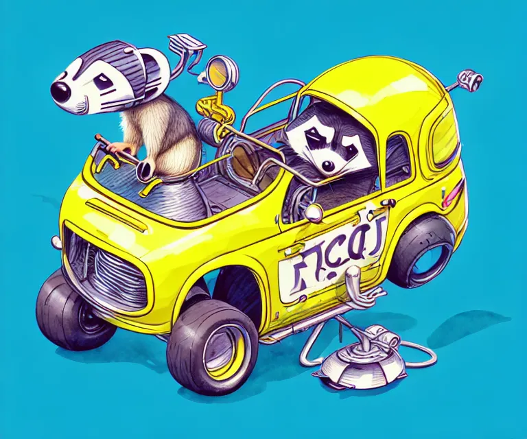 Image similar to cute and funny, racoon wearing a helmet riding in a tiny hot rod with oversized engine, ratfink style by ed roth, centered award winning watercolor pen illustration, isometric illustration by chihiro iwasaki, edited by beeple, tiny details by artgerm, symmetrically isometrically centered