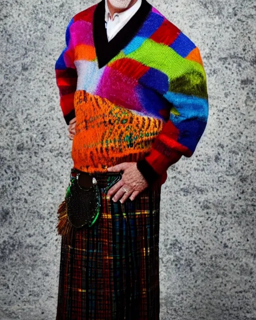 Image similar to headshot of the will ferrel, wearing a colorful coogi sweater, and a kilt, photoshoot in the style of annie leibovitz, studio lighting, soft focus, bokeh