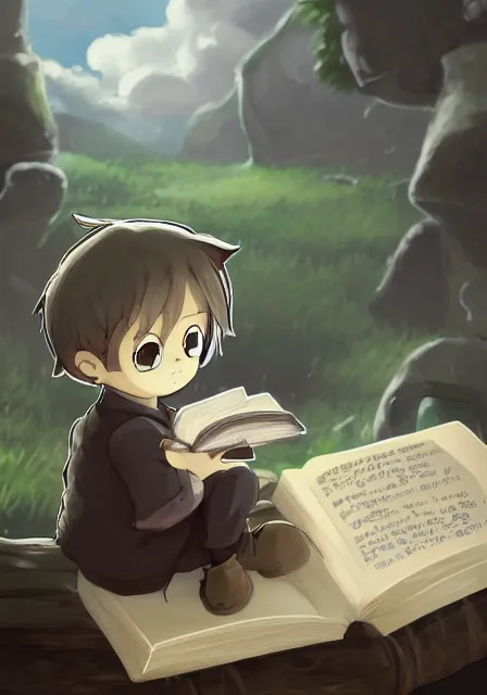Image similar to beautiful little boy wearing sheep suit reading a book while sitting on chair, gray, blue, green and brown pallet color. made in abyss art style, inspired in kris from deltarrune, cute detailed artwork, anatomically correct, soft details, ilya kuvshinov, reflection, perfect composition, mobile wallpaper, illumination, helltaker
