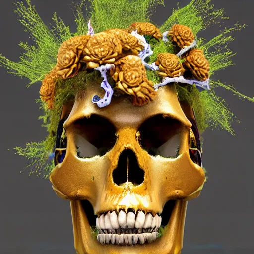 Image similar to a golden skull face african electric shaman with an afro made of flowers, third eye art art by machina infinitum, complexity from simplicity, rendered in octane, mandelbulb 3 d, ambient occlusion, macro photography