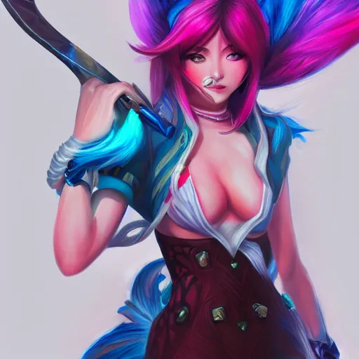 Prompt: a realistic painting of ahri from league of legends wielding a sword, vibrant, digital art, riot games, trending on artstation, intricate details