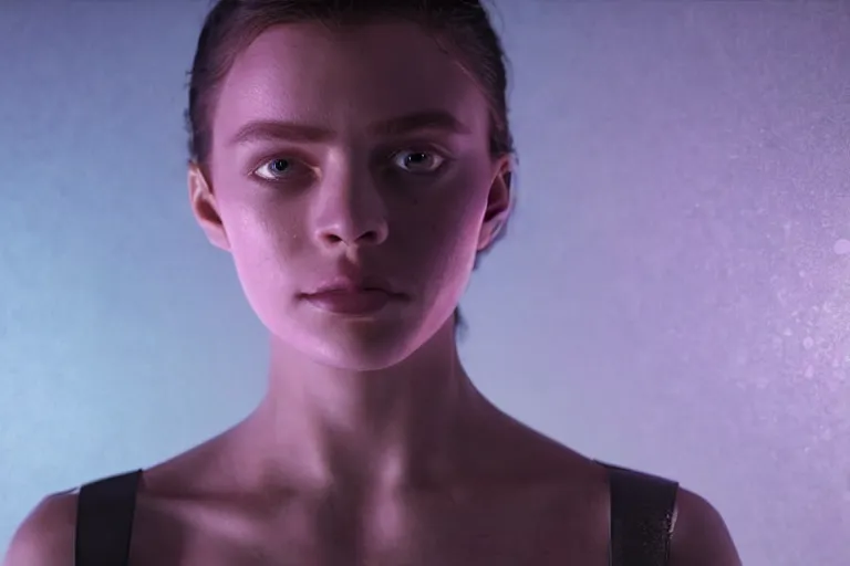 Image similar to VFX movie of a futuristic closeup portrait in high tech compound, beautiful natural skin neon lighting by Emmanuel Lubezki