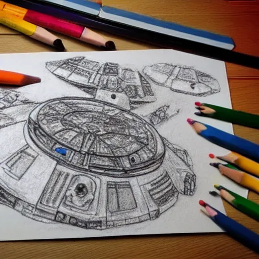 Prompt: a crayon drawing of the millennium falcon by a 5 year old kid