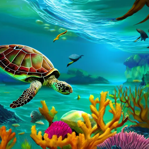 Image similar to the majestic sea turtle eats beautiful coral amongst the brightly colored sea life, digital art artstation