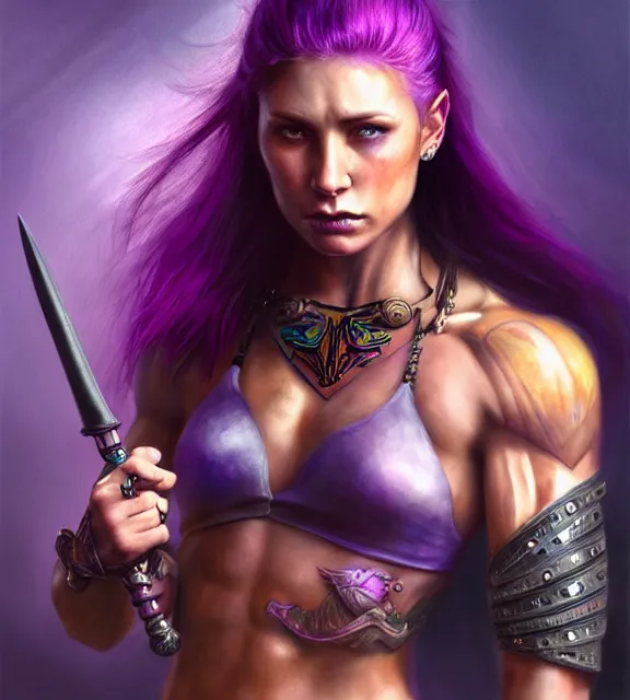 Prompt: muscular female warrior holding hilt of dagger, perfect face, diadem, neon tattoos, black halter top, purple hair, abs, cinematic, blush, stunning, athletic, strong, agile, highly detailed, psychedelic, digital painting, artstation, smooth, hard focus, illustration, art by jessica rossier and and brian froud