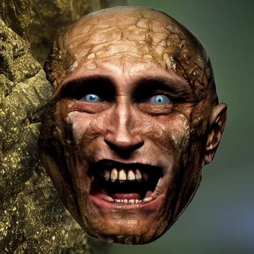 Image similar to photo inside a cavern of a wet reptilian humanoid putin partially hidden behind a rock, with black eyes, open mouth and big teeth